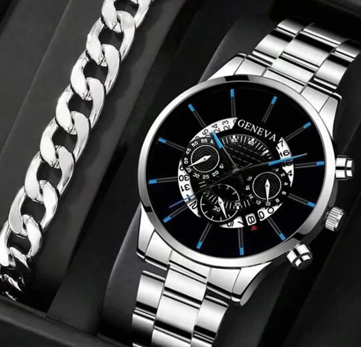 2pcs Luxury Men Business Watch Stainless Steel Calendar Big Dial Watches for Men Fashion Sports Casual Quartz Wristwatch Clock