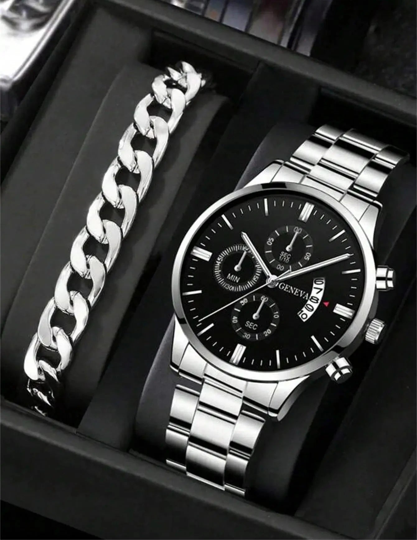 2pcs Luxury Men Business Watch Stainless Steel Calendar Big Dial Watches for Men Fashion Sports Casual Quartz Wristwatch Clock